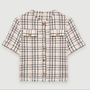 Short-sleeve Button-up Tweed Top In Ecru
